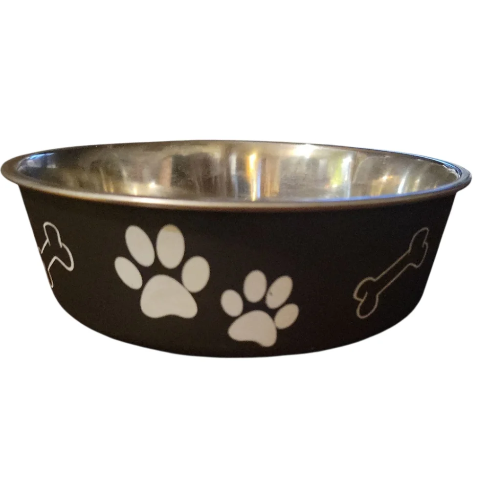 Pet Dog Cat Anti Skid STAINLESS STEEL Paw Prints Bones M 27 Oz Bella Bowl Rubber
